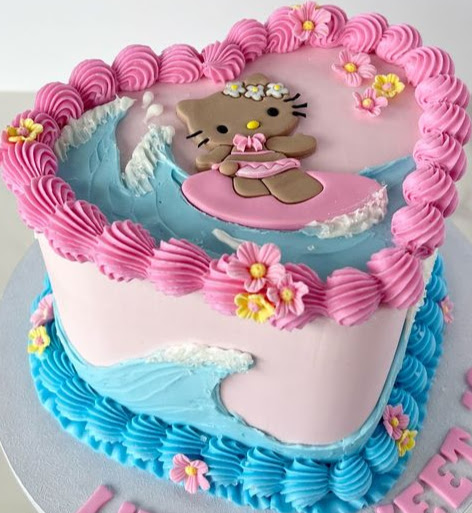 Tropical beach birthday design with surfboards, palm leaves and pink flowers