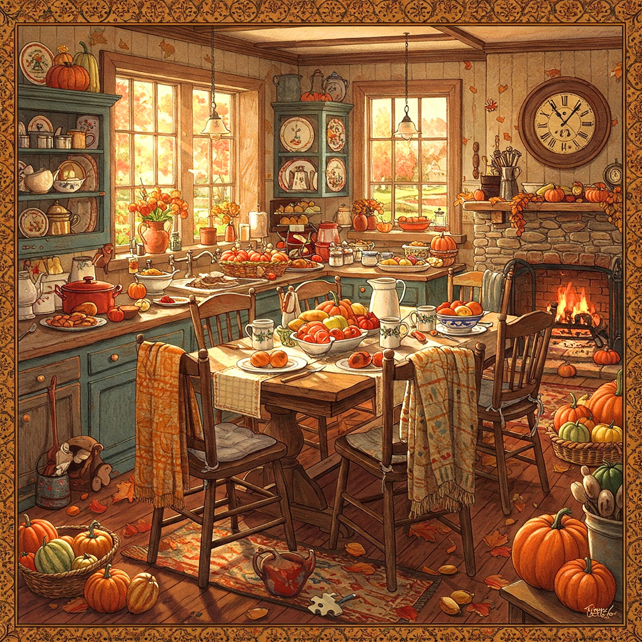 Cozy cottage kitchen with wooden table, fireplace, pumpkins, and warm autumn decorations