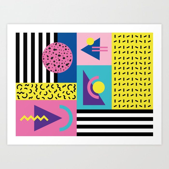 Geometric abstract art with bold Memphis-style shapes, stripes, dots, and patterns in vibrant pink, yellow, blue, and black