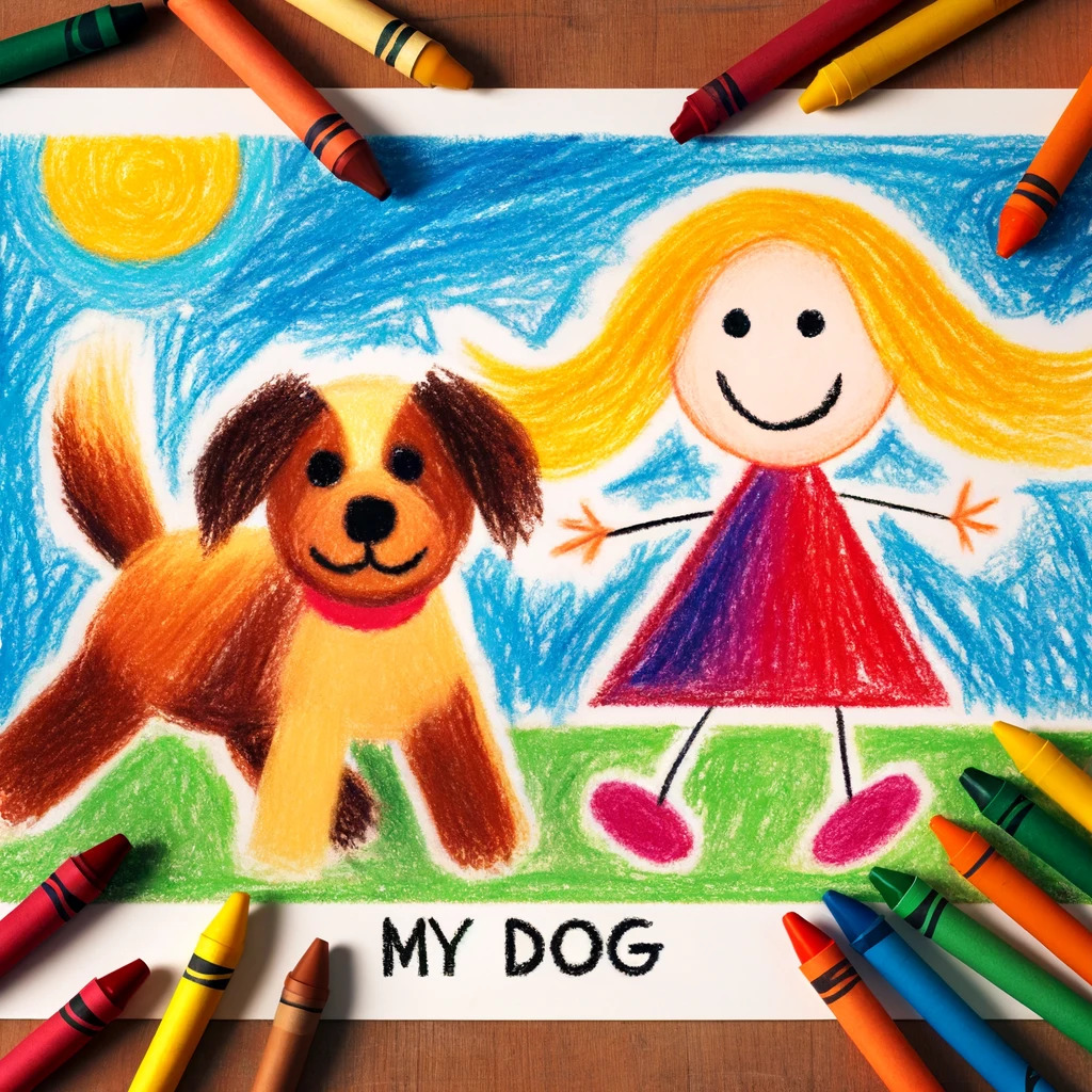 Colorful childlike drawing of a dog and girl with crayons around the paper