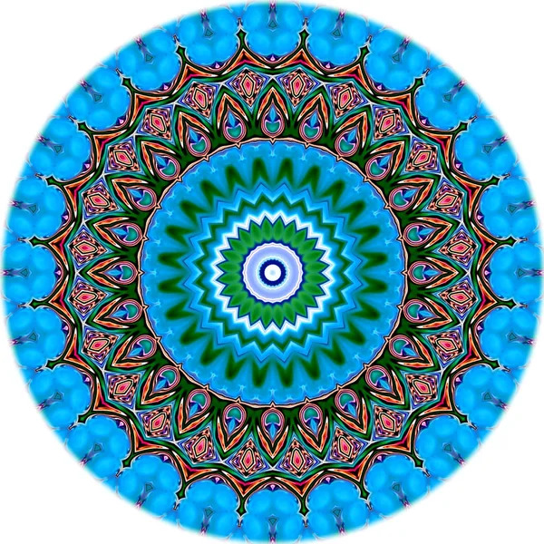 Circular mandala with blue outer ring, ornate multicolored middle layer, and green geometric center with eye-like core
