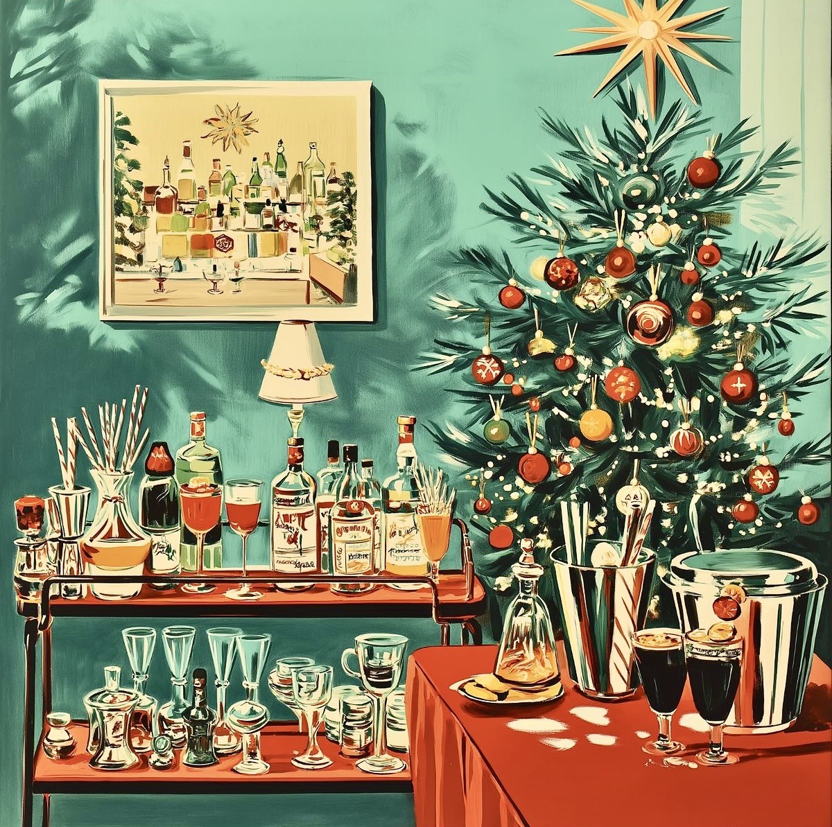 Vintage mid-century Christmas party scene with decorated tree, bar cart, glassware, and holiday drinks in retro illustration style
