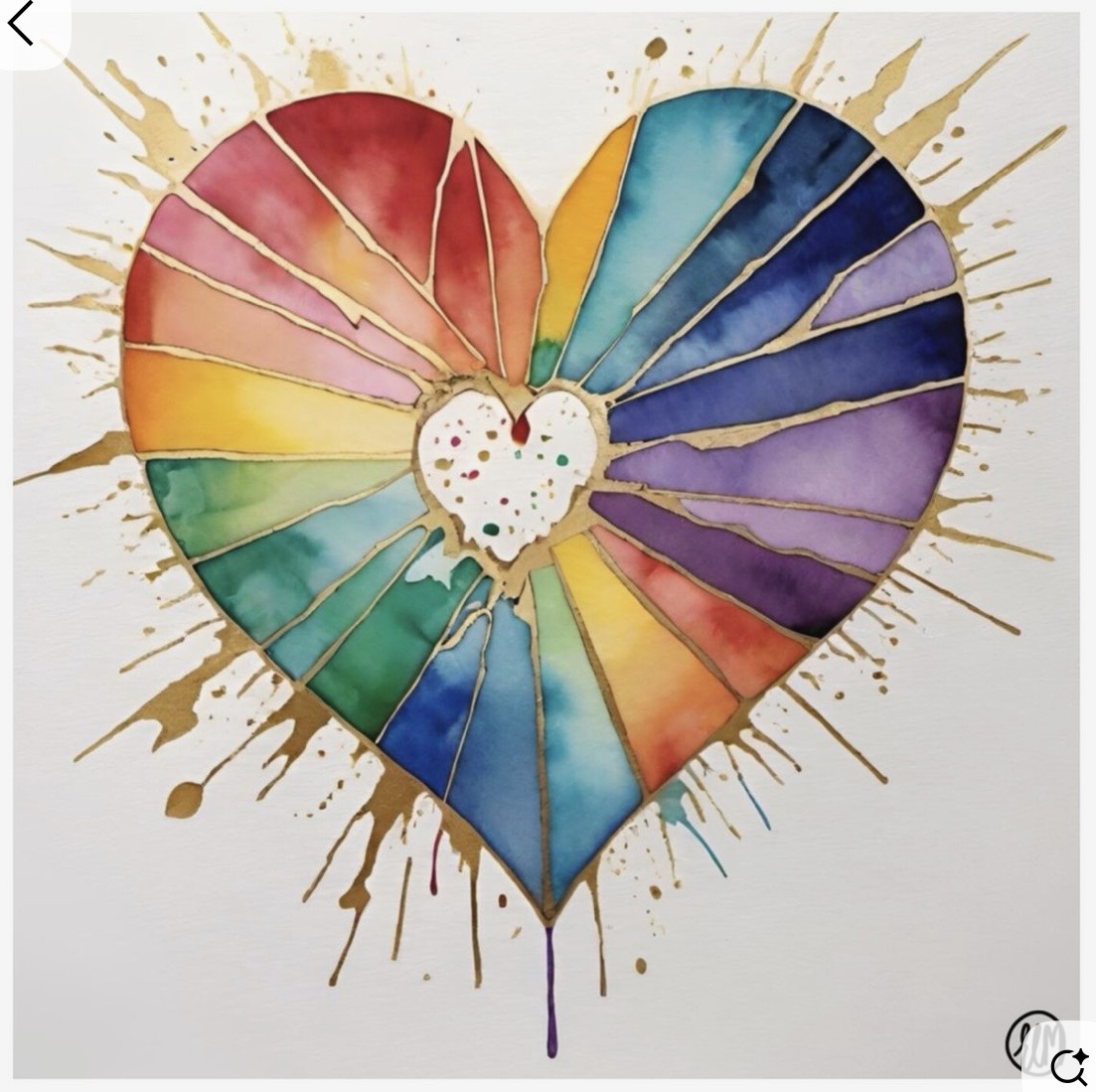 Watercolor rainbow heart with gold splatters on a white background