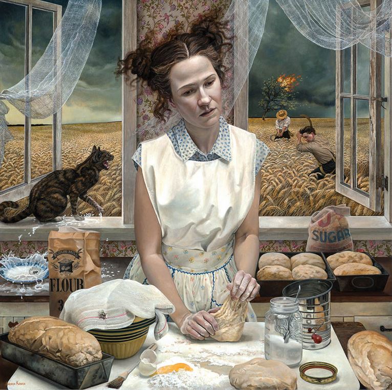 Andrea Kowch painting of a woman in a windswept field with birds in the distance