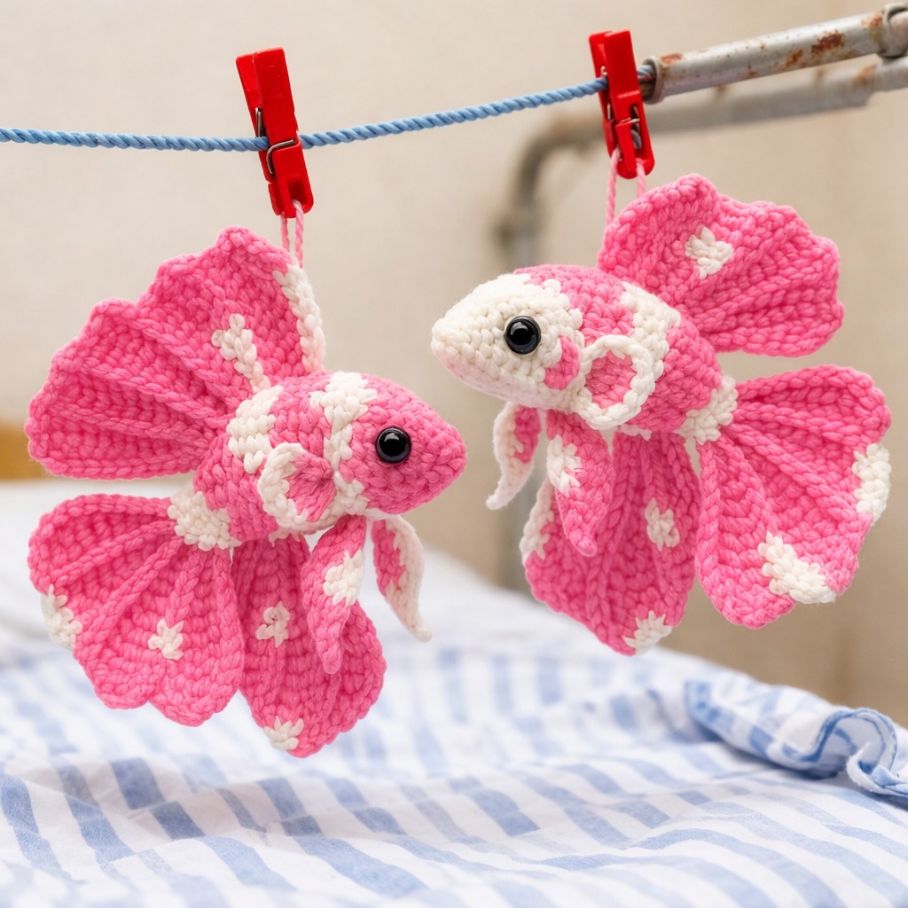 Two pink and white crocheted betta fish hanging from clothespins on a line