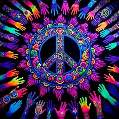 Colorful peace symbol mandala with radiating hands and psychedelic patterns in bright neon colors