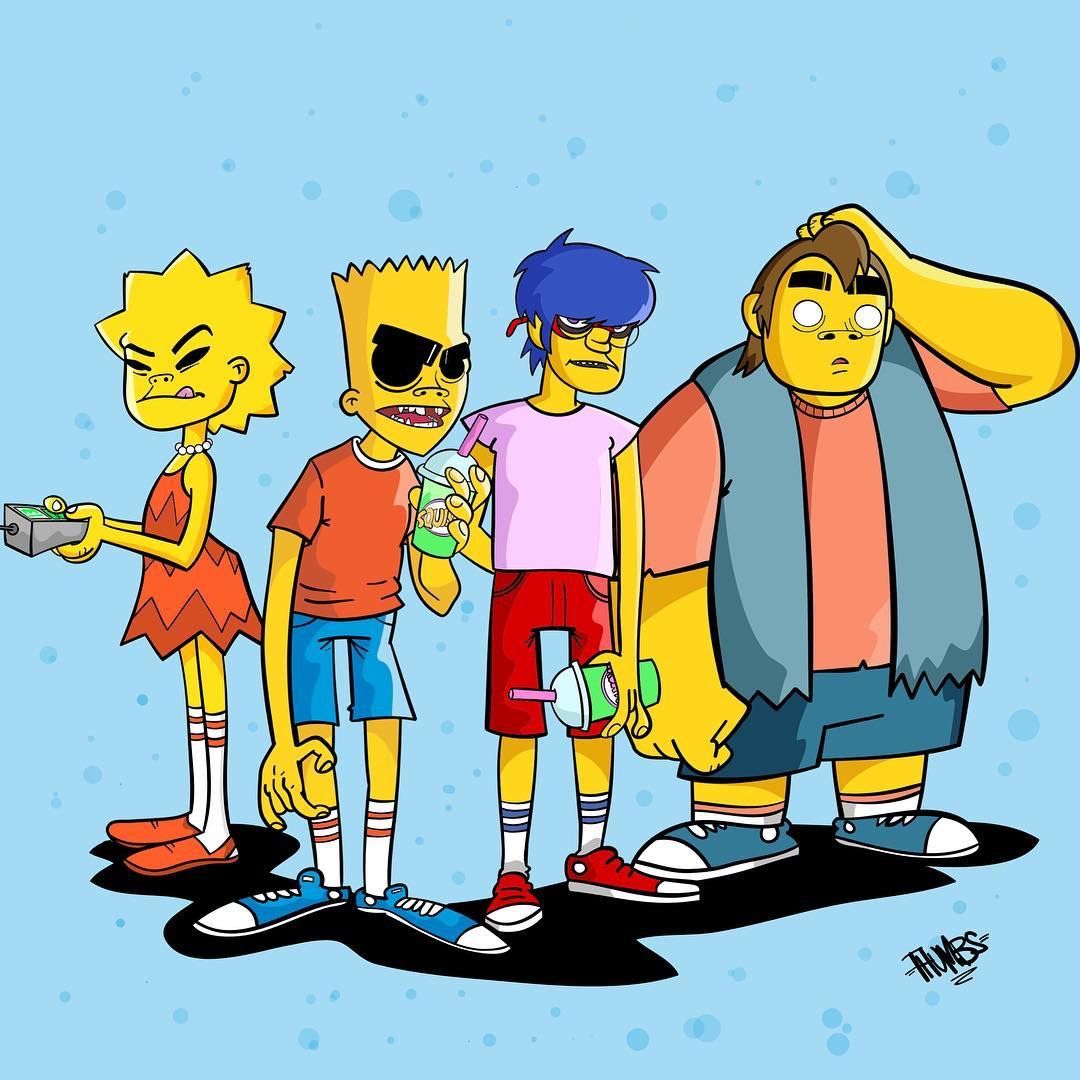 Four cartoon characters from The Simpsons standing in a row wearing casual clothes