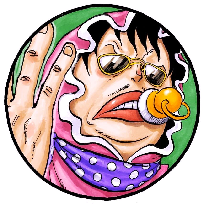 Anime character with sunglasses making exaggerated facial expression, colorful pink and purple clothing, circular frame