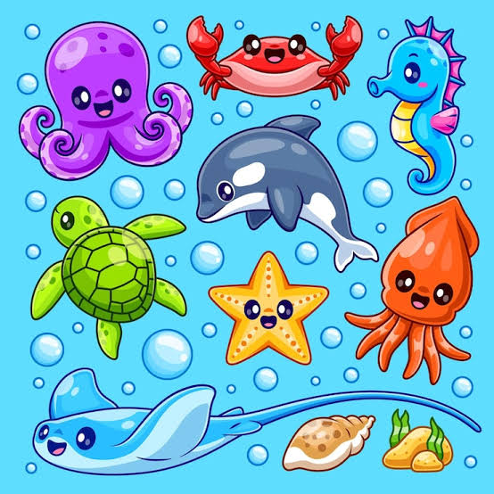 Cartoon sea animals: octopus, crab, seahorse, dolphin, turtle, starfish, stingray with bubbles on blue background