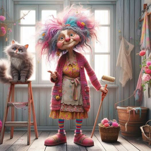 Whimsical troll doll with colorful hair standing indoors beside a fluffy gray cat on a stool