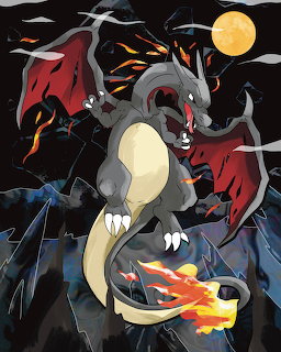 Gray dragon Pokemon with red wings and flaming tail roaring under full moon