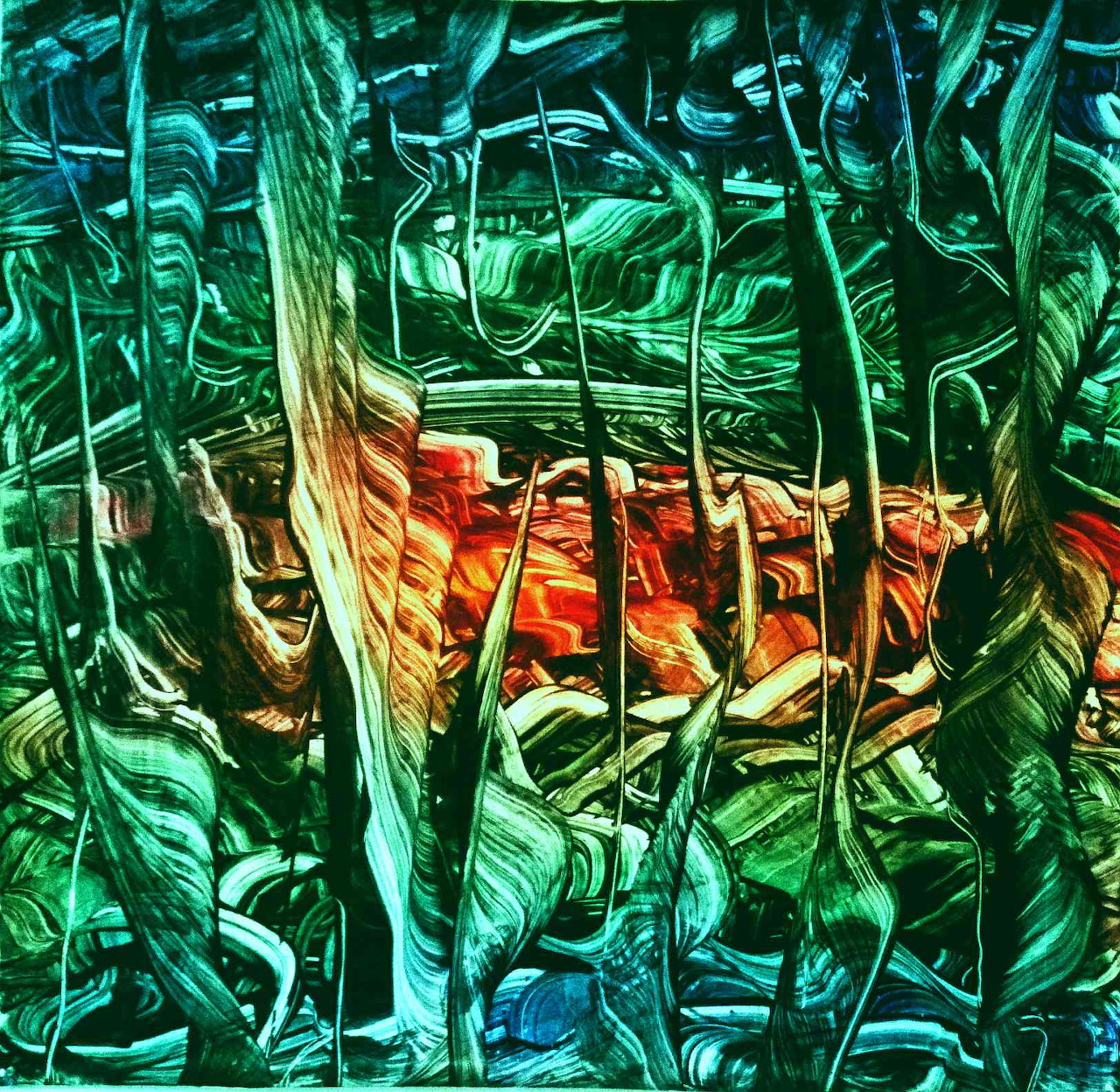 Abstract painting of forest with green trees and orange clearing in expressive brushstroke style