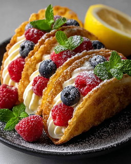 Three dessert tacos with berries, cream, and powdered sugar on a dark plate with lemon slice