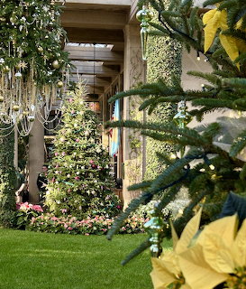 Indoor garden with decorated Christmas trees, archway, and botanical plants in conservatory setting
