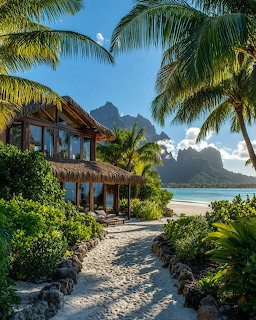 Tropical bungalow by a sandy path with palm trees, lagoon water, and mountains in the background
