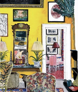 Bright yellow room with floral couch, ornate gold mirror, potted plants, and art-filled doorway