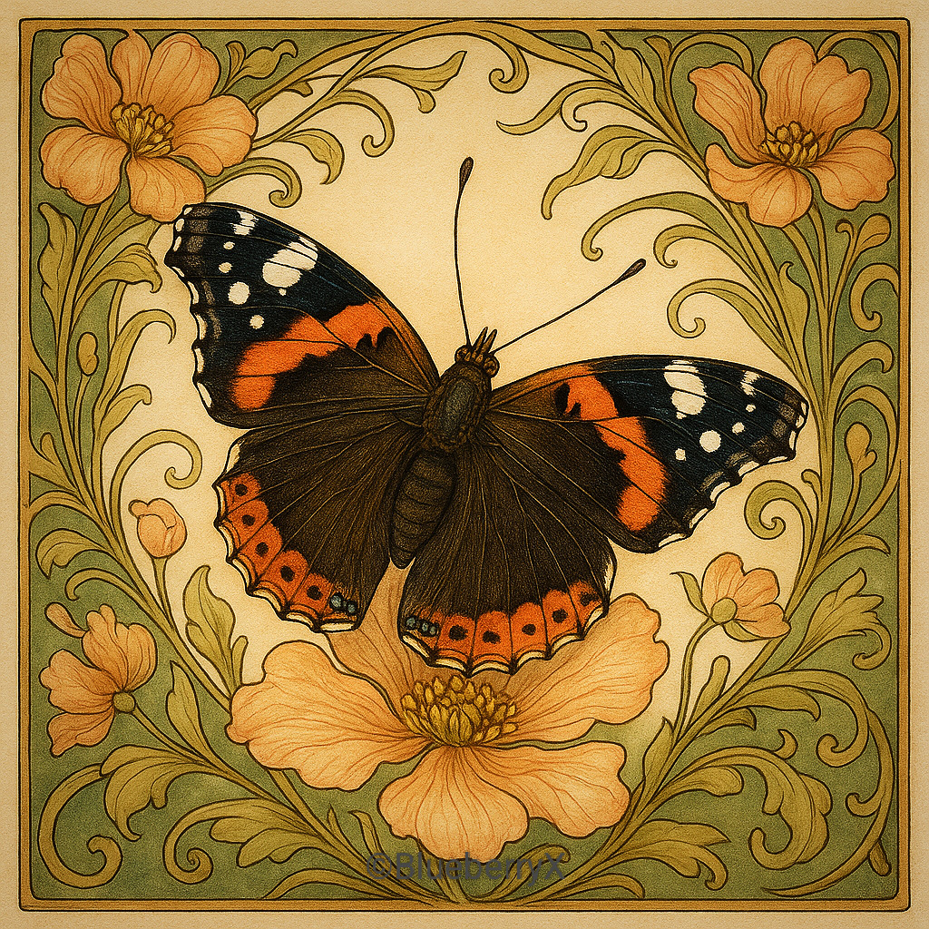 Orange and black butterfly with flowers in art nouveau style frame