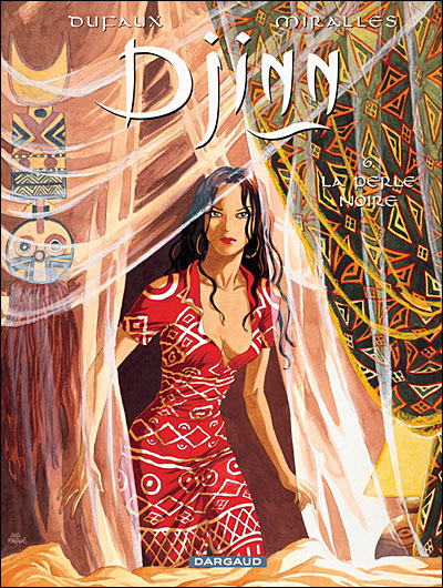 Djinn comic book cover showing a dark-haired woman in a red tribal-patterned dress with decorative illustrated background