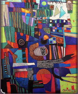 Abstract painting with geometric shapes and vibrant colors including red, blue, green, and purple blocks