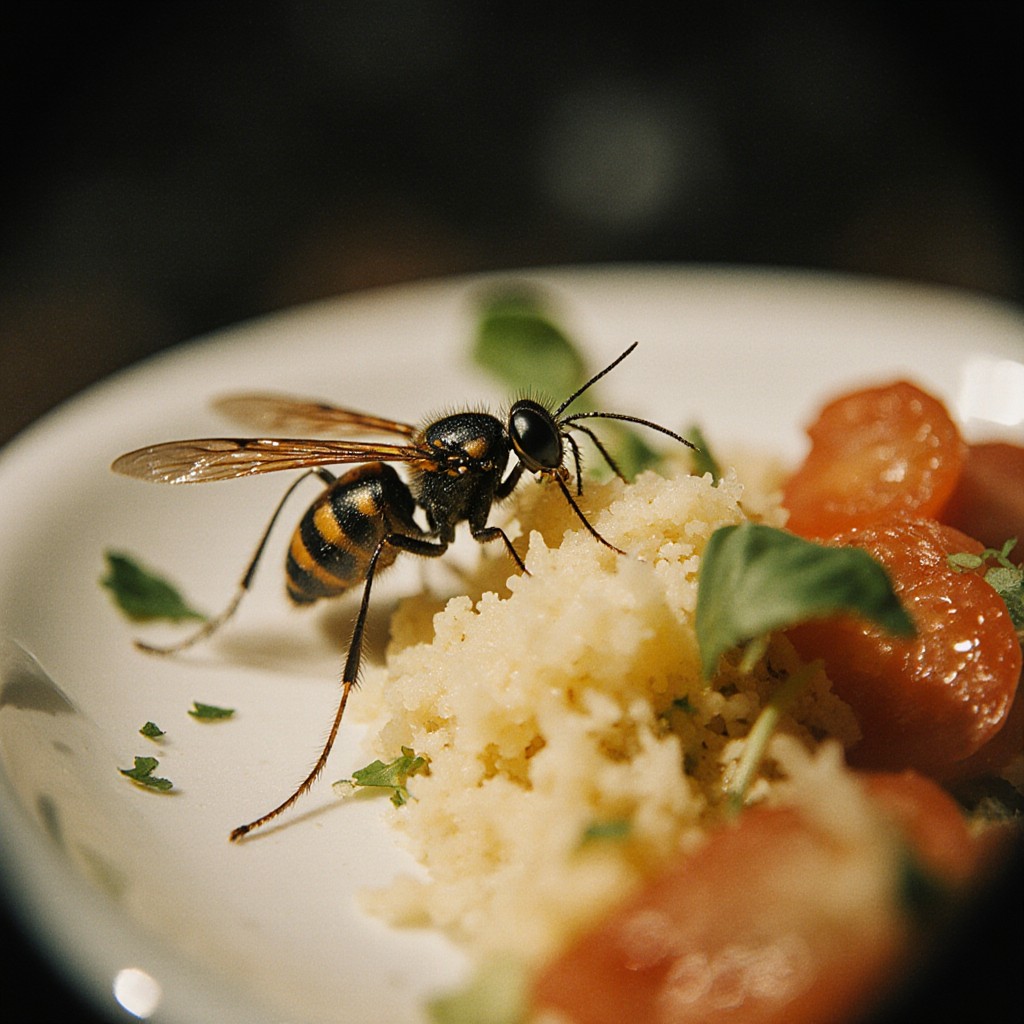 Bee with yellow and black stripes on white plate with crumbly dessert and orange fruit