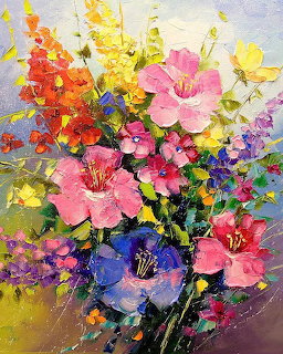 Colorful oil painting of mixed flowers with thick impasto brushstrokes in pink, yellow, orange and purple tones
