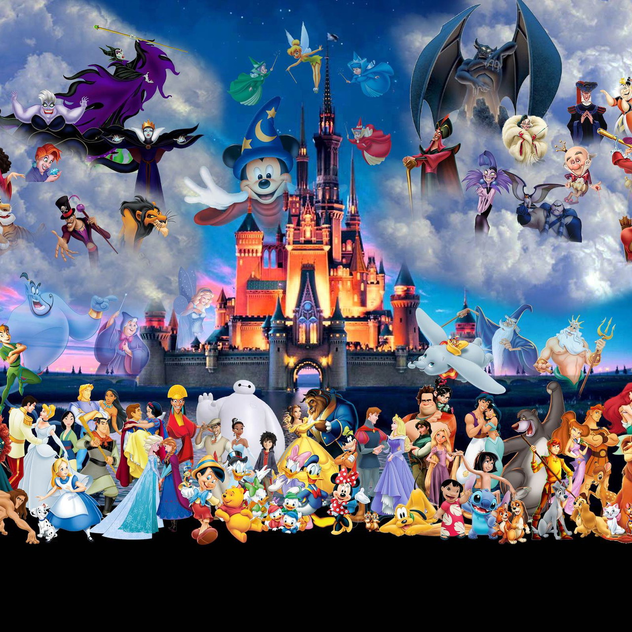 Colorful Disney character collage with castle centerpiece and crowd of animated heroes and villains