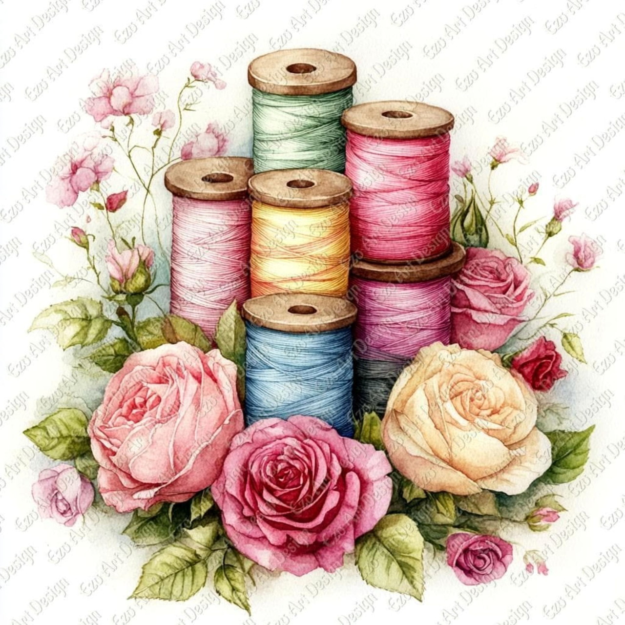 Colorful thread spools arranged with pink and cream roses in vintage illustration style