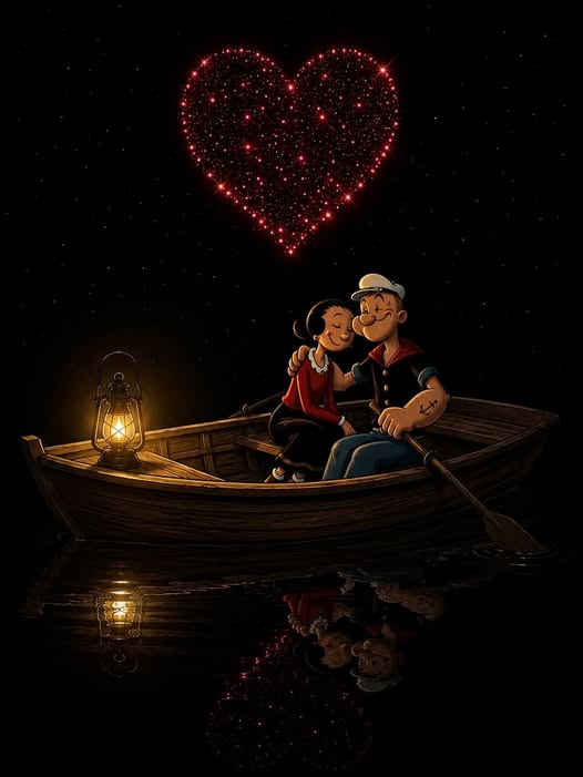 Popeye and Olive Oyl in a rowboat at night with a glowing red heart above them