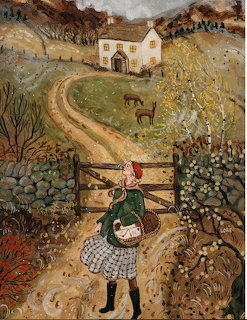 Painting of a woman at a gate near a cottage, with a winding path and two deer in a rural landscape.