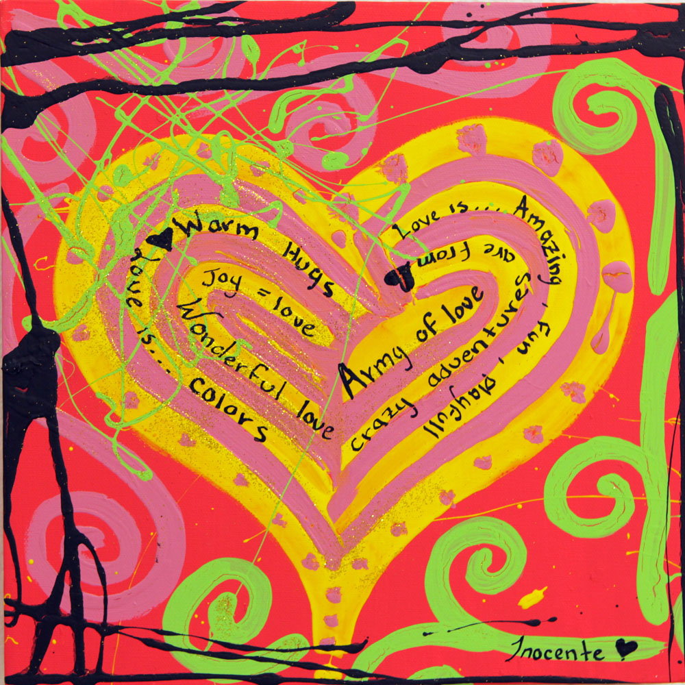 Yellow heart with handwritten text surrounded by colorful swirls on red and green background