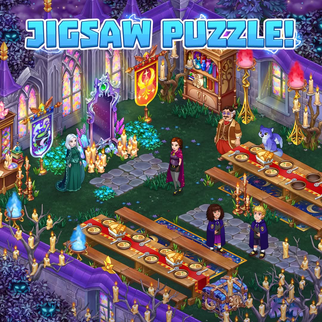 Isometric fantasy school dining hall with students at long tables surrounded by purple decorations and stained glass