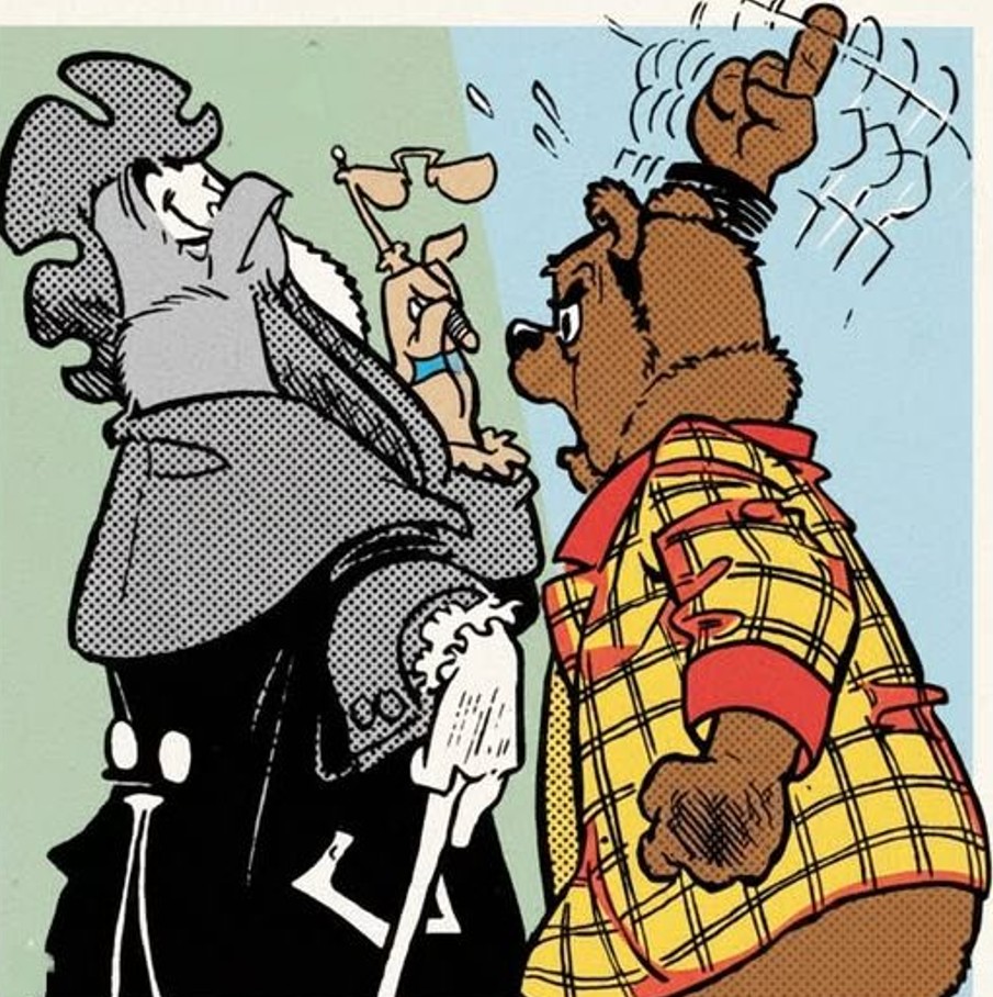 Cartoon bear-like character in plaid shirt confronting a tall man in a suit