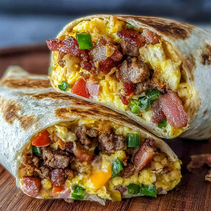 Two halved breakfast burritos with eggs, bacon, sausage, cheese, and green onions