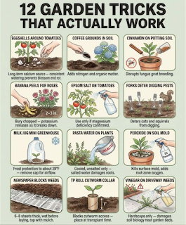 Infographic showing 12 garden tricks with small photos of plants, eggshells, coffee grounds, banana peels, and more