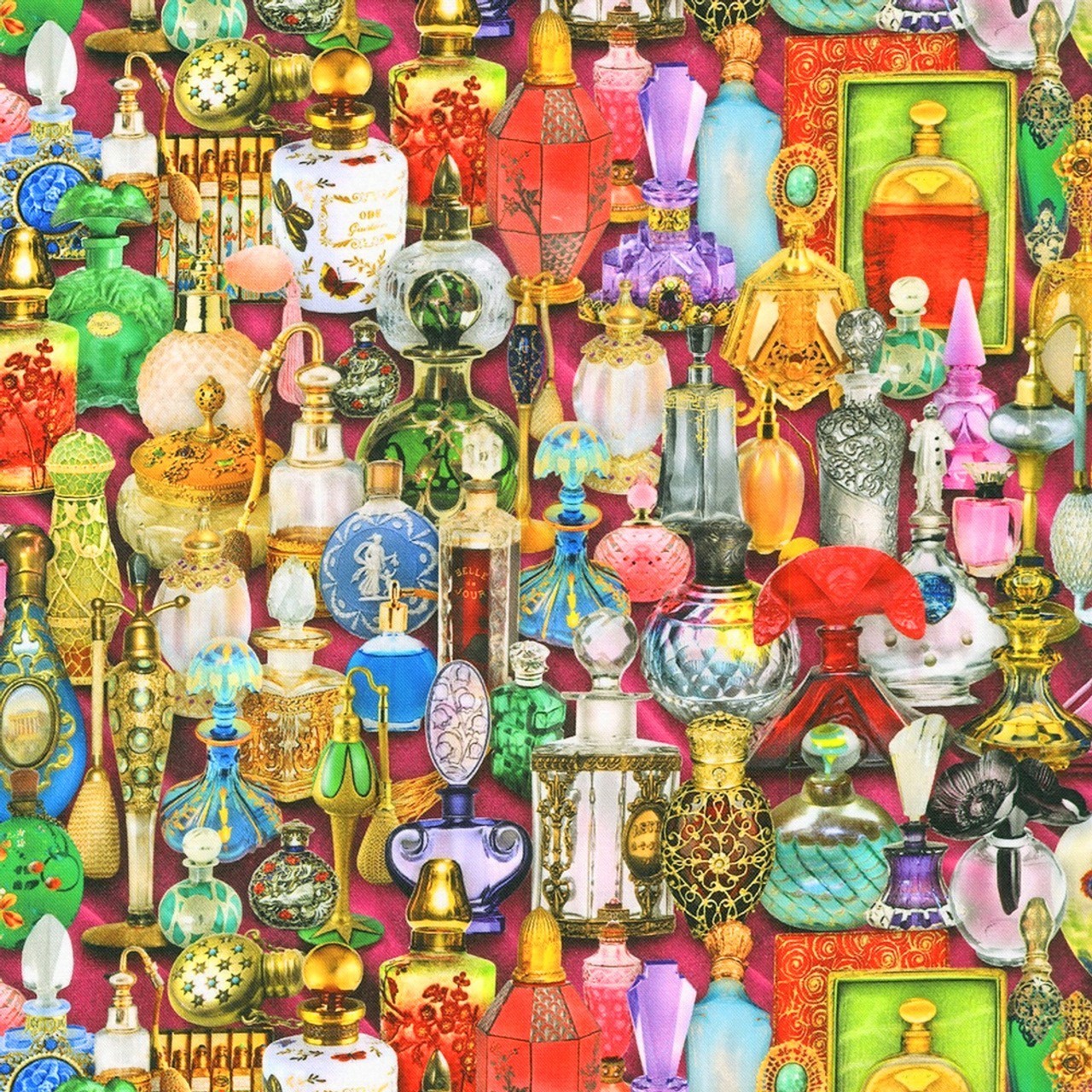 Collage of numerous colorful vintage perfume bottles and fragrance containers arranged in a dense pattern