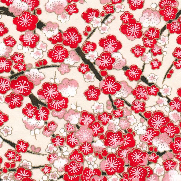 Japanese floral pattern with red and pink plum blossoms on a pale background
