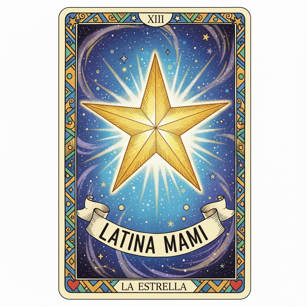 Tarot-style illustration of a golden star on a blue card with decorative border and the words Latina Mami and La Estrella