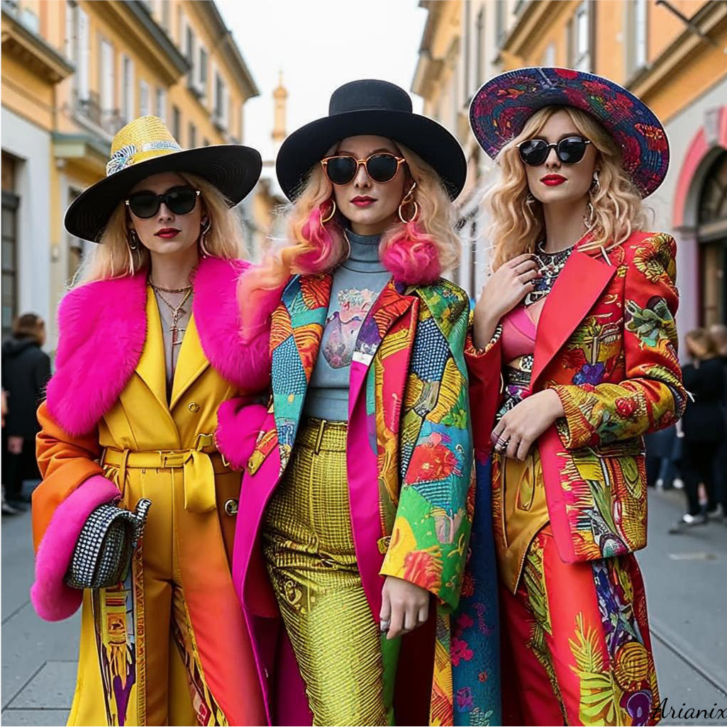 Three women in bright colorful coats, patterned outfits, hats and sunglasses standing on city street