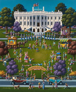 Colorful illustration of White House Easter Egg Roll with crowds on the South Lawn