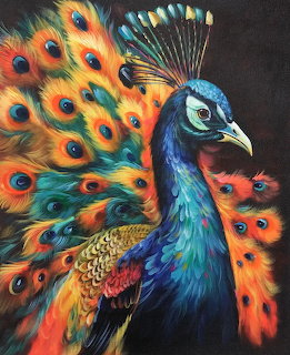 Colorful painting of a peacock with spread tail feathers in blue, orange, and gold tones