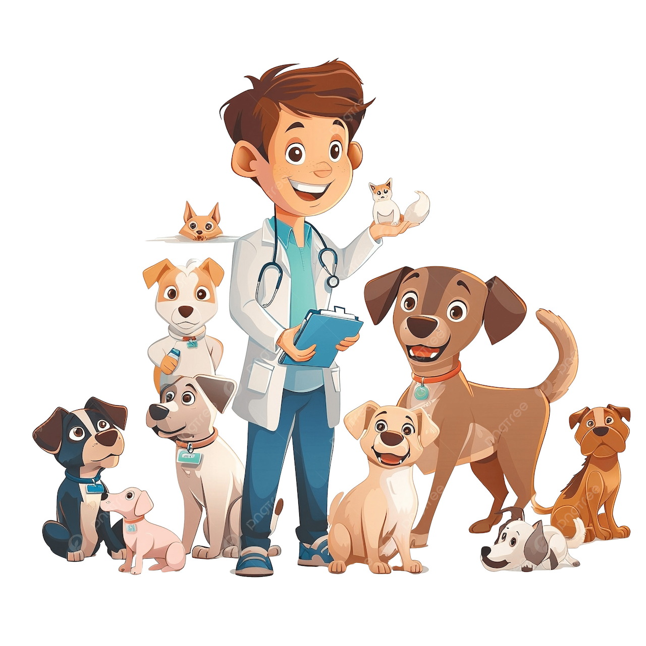 Cartoon veterinarian with several dogs and cats on a white background