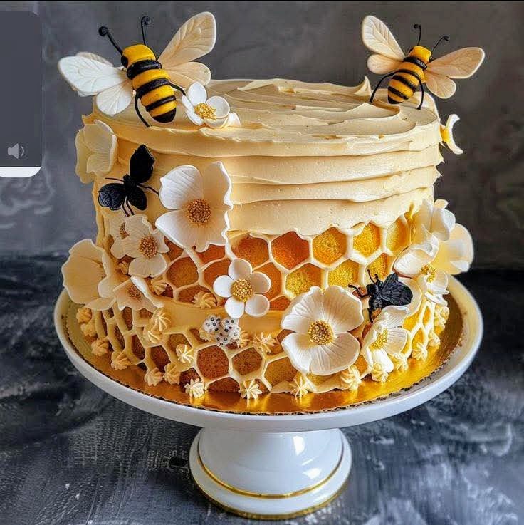 Round cake decorated with bumblebees, honeycomb tiles, flowers, and honey drip on white pedestal stand