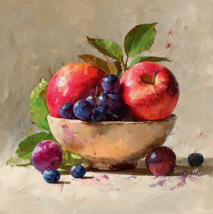 Still life painting of red apples, purple grapes, and plums in a tan bowl with green leaves