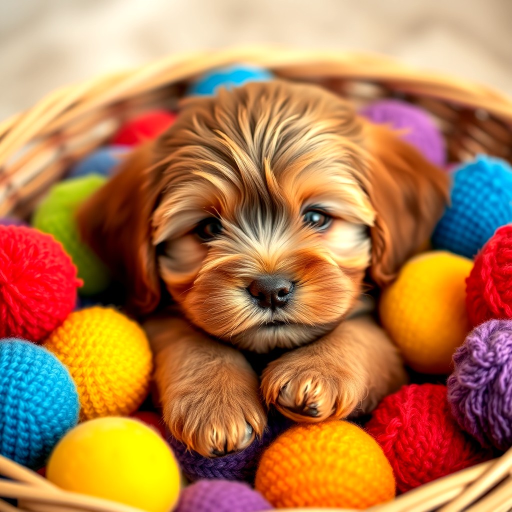 Brown puppy lying in basket surrounded by colorful yarn balls