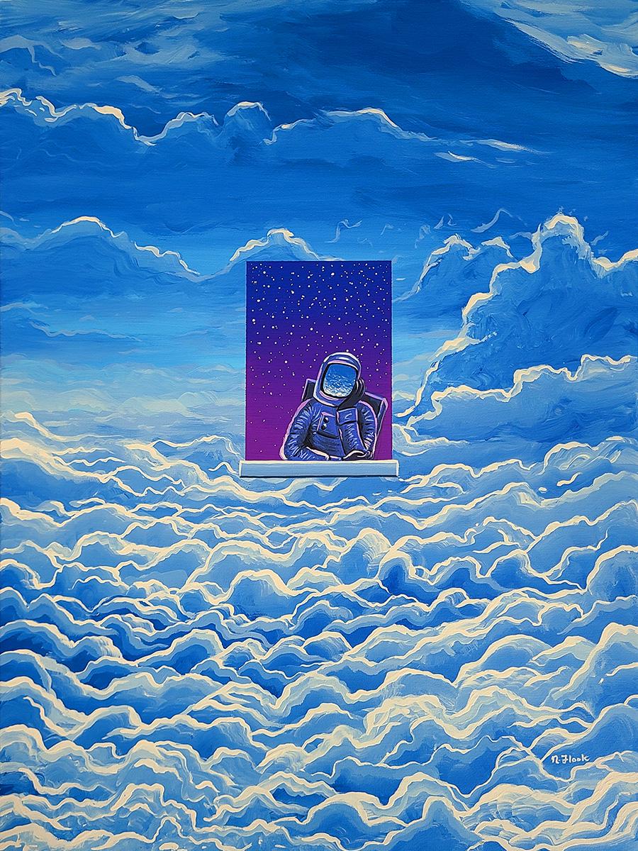 Painting of a seated astronaut in a purple doorway amid swirling blue and white clouds.