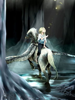 Blonde girl riding a white hippogriff in a dark misty forest with glowing particles