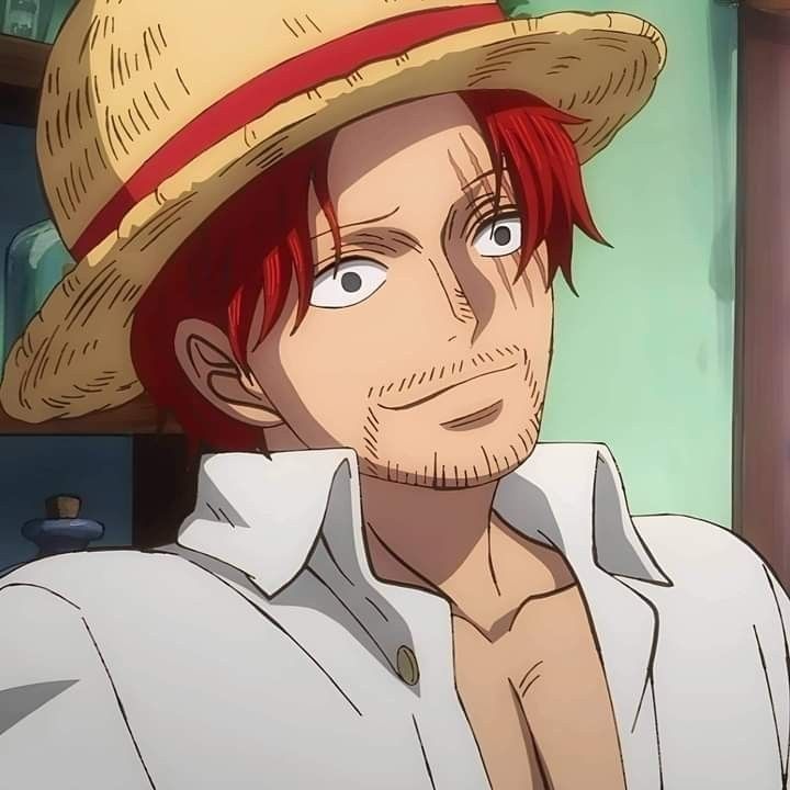 Anime character Shanks with red hair and straw hat from One Piece