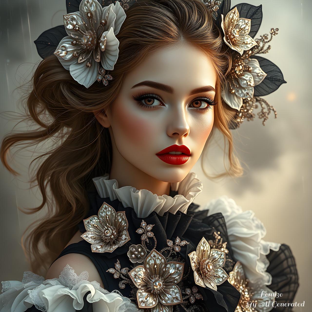 Portrait of woman with brown hair, red lipstick, wearing elaborate floral crown and ornate dress with flowers
