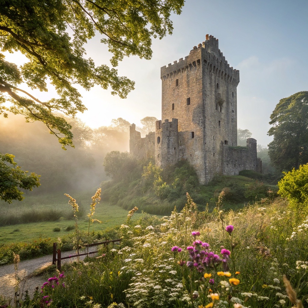 Medieval castle tower rising from misty garden with purple wildflowers at dawn