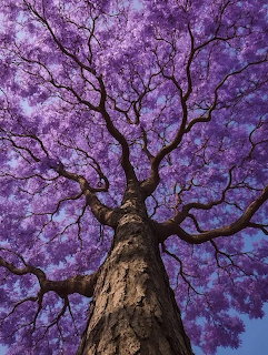 Looking up at a large jacaranda tree with purple blossoms spreading across a blue sky